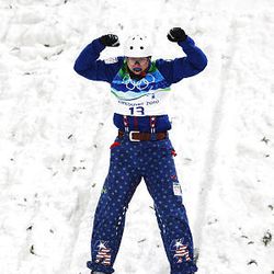 American Jeret Peterson of the United States reacts after his second jump during the freestyle skiing men's aerials qualification on day 11 of the Vancouver 2010 Winter Olympics at Cypress Mountain Resort on Monday. Peterson qualified for the finals.