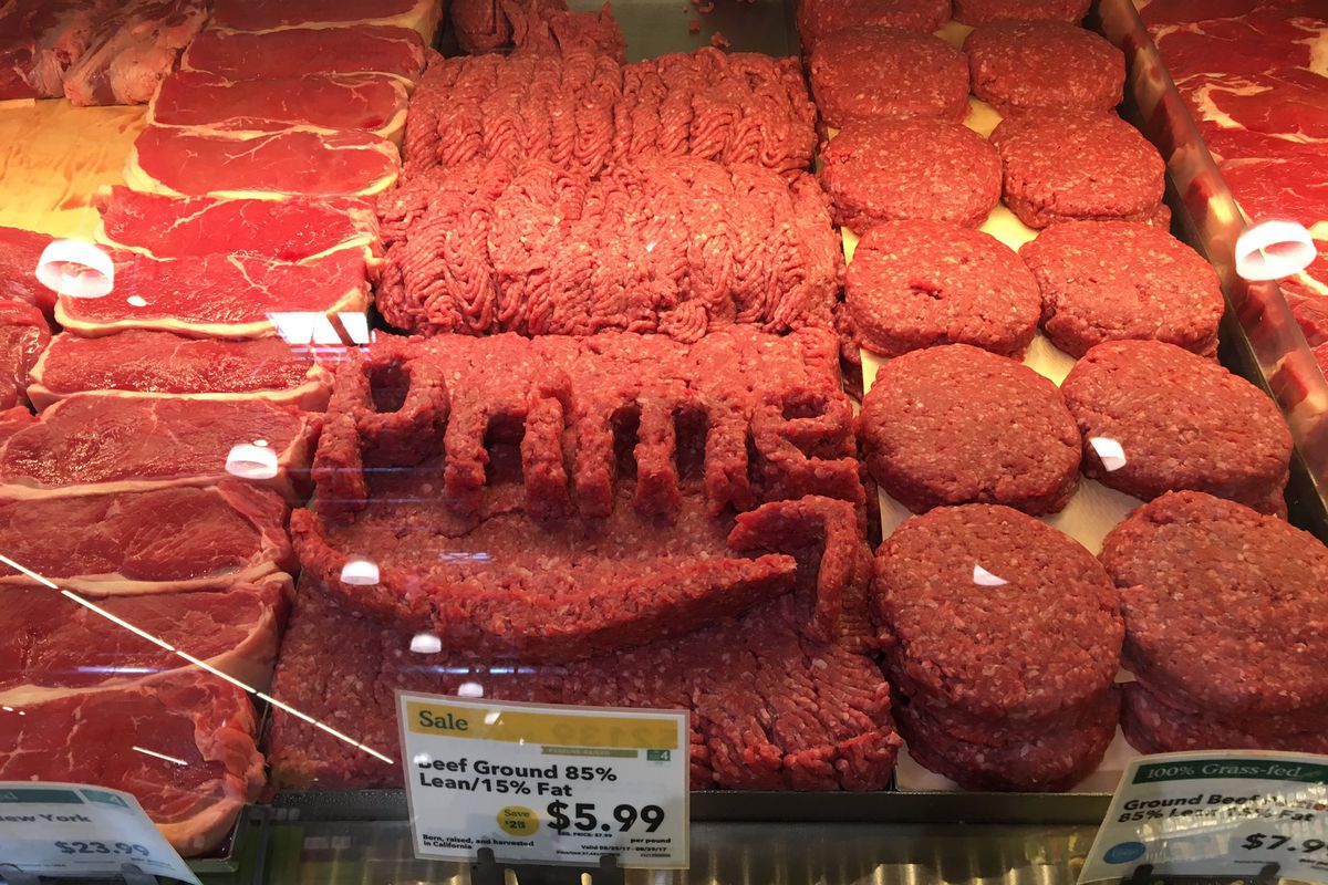 Amazon Prime logo made out of ground meat at Whole Foods