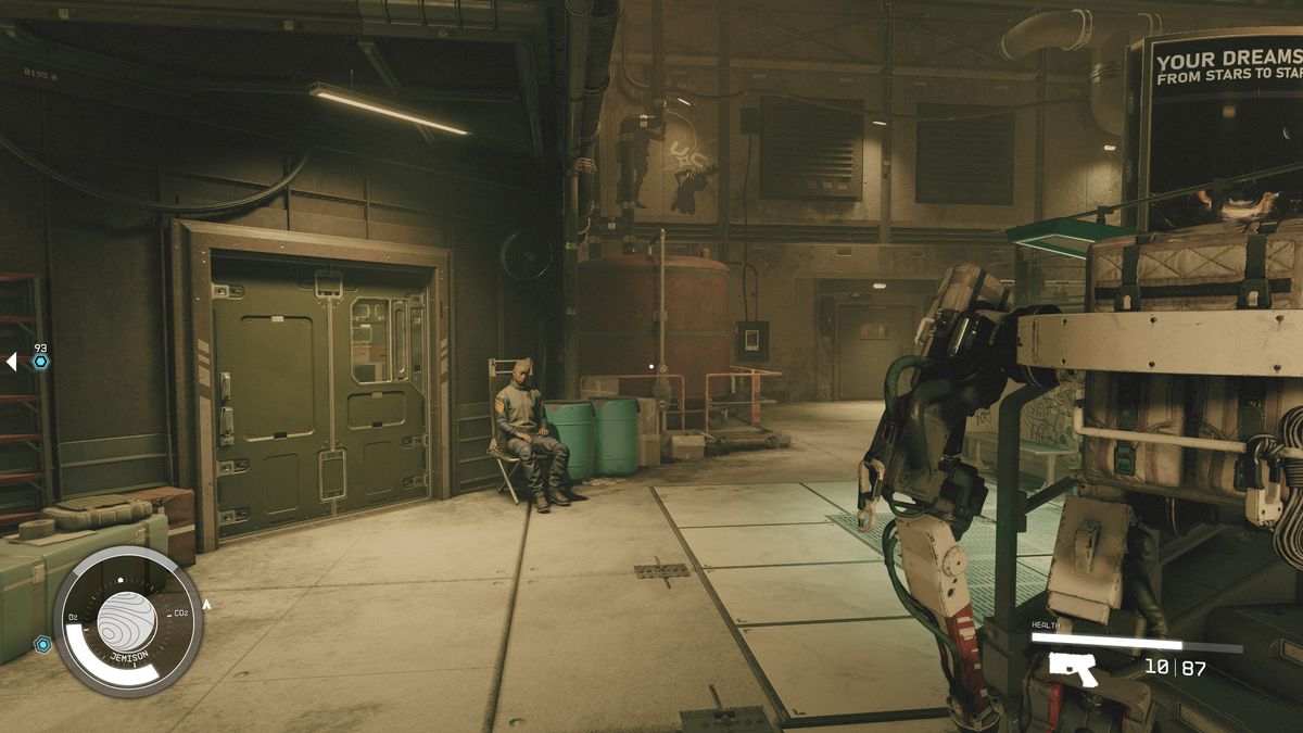 A man sits in a chair near a junction box in the Tapping the Grid mission in Starfield.