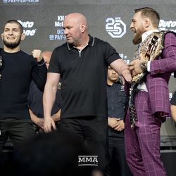 Khabib Nurmagomedov and Conor McGregor are separated by Dana White on Thursday at the UFC 229 press conference in New York at Radio City Music Hall.