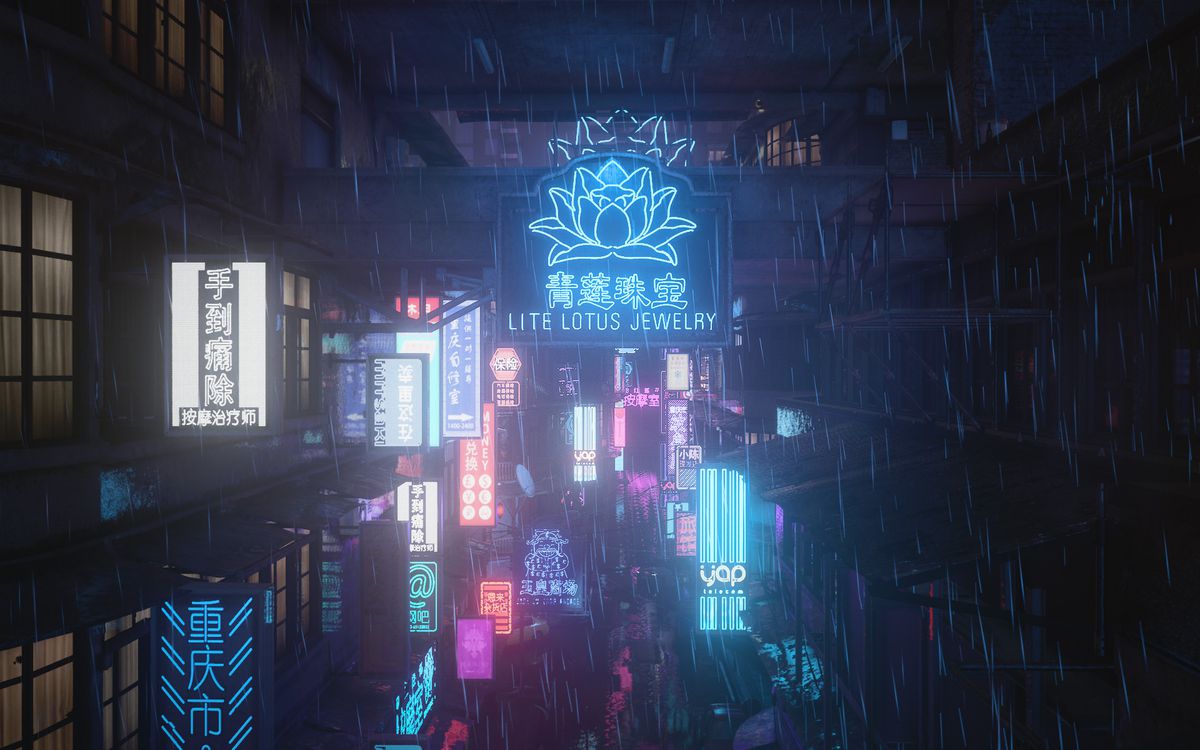 a Hitman 3 screenshot from Chongqing showing a number of neon store signs, including one saying “Lite Lotus Jewelry”