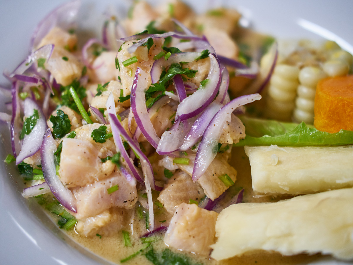 Close-up of ceviche topped with onion slices and cilantro.