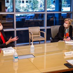 University of Utah President Ruth Watkins, left, talks with Dr. Deborah Birx, coordinator for the White House Coronavirus Task Force, right, during a meeting on Saturday, Oct. 31, 2020 in Salt Lake City.