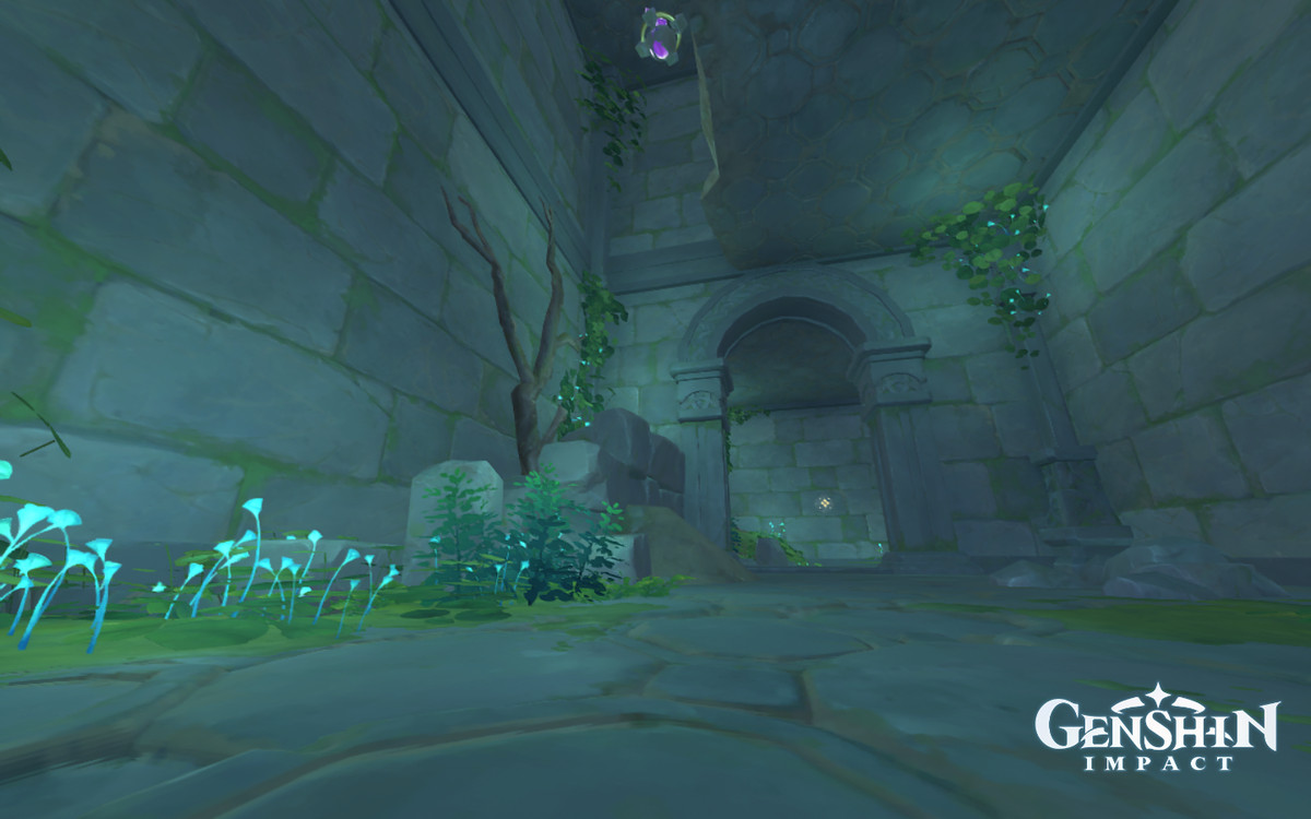 A Genshin Impact screenshot of a stone fortress with a cracked ceiling, allowing people to climb through it.