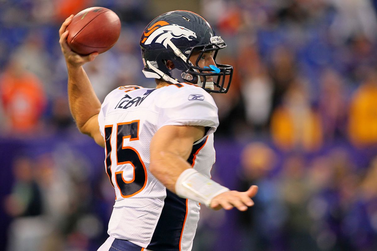 MINNEAPOLIS, MN - DECEMBER 4:  Tim Tebow #15 of the Denver Broncos warms up pregame against the Minnesota Vikings at the Hubert H. Humphrey Metrodome on December 4, 2011 in Minneapolis, Minnesota.  (Photo by Adam Bettcher /Getty Images)