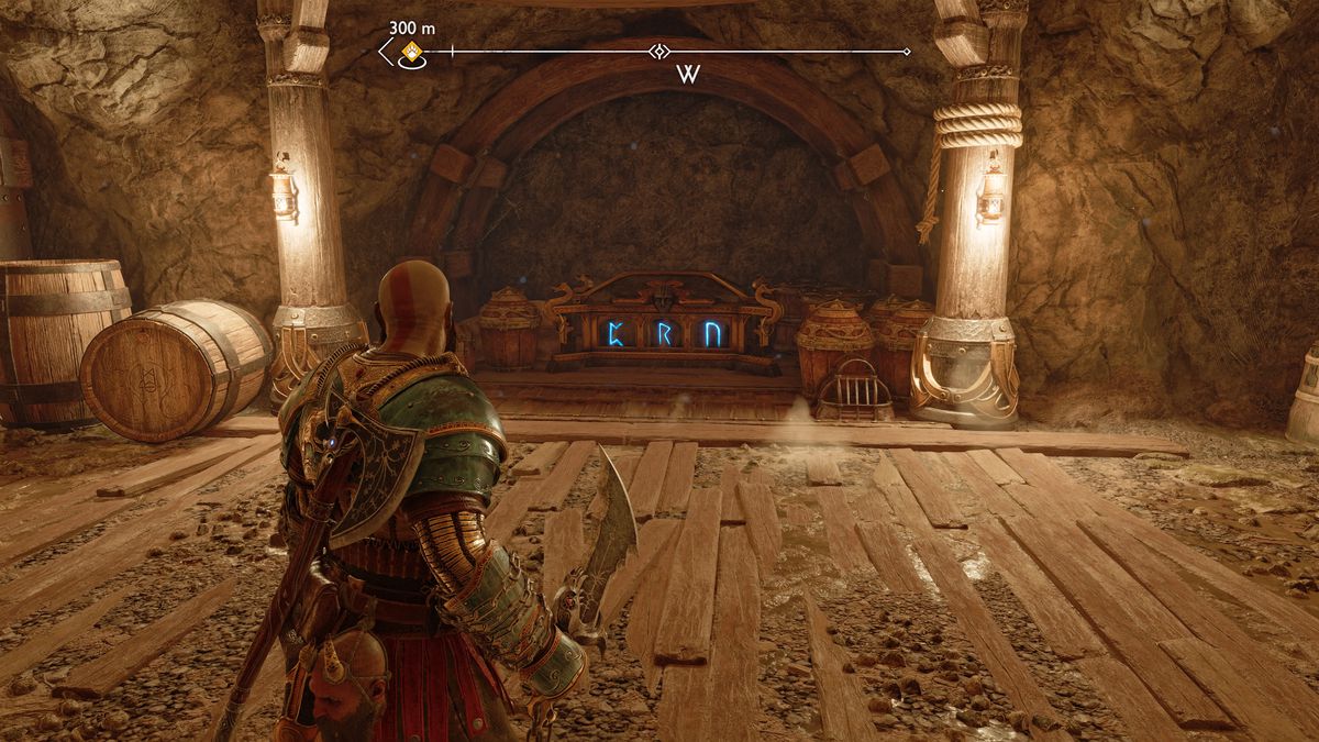Kratos looks at a Nornir Chest