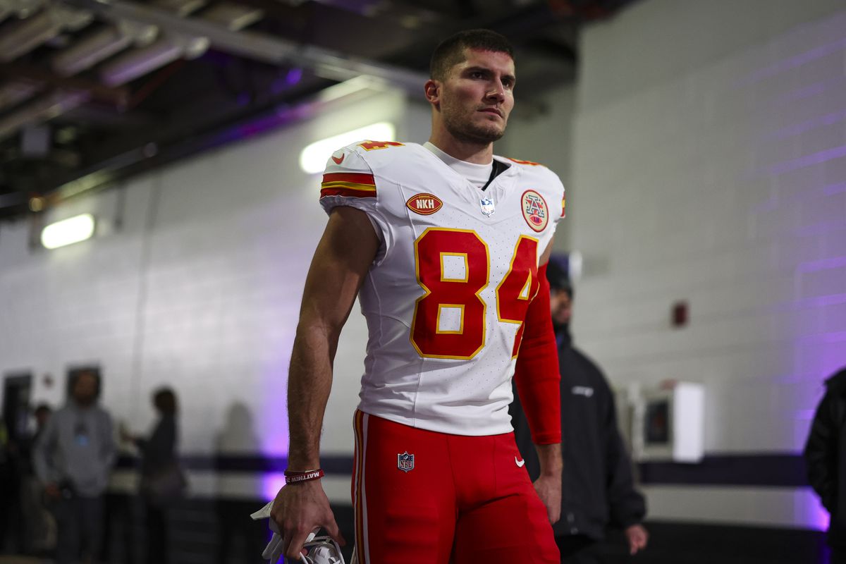 Justin Watson #84 of the Kansas City Chiefs walks out of the tunnel prior to the AFC Championship NFL football game against the Baltimore Ravens at M&amp;T Bank Stadium on January 28, 2024 in Baltimore, Maryland.