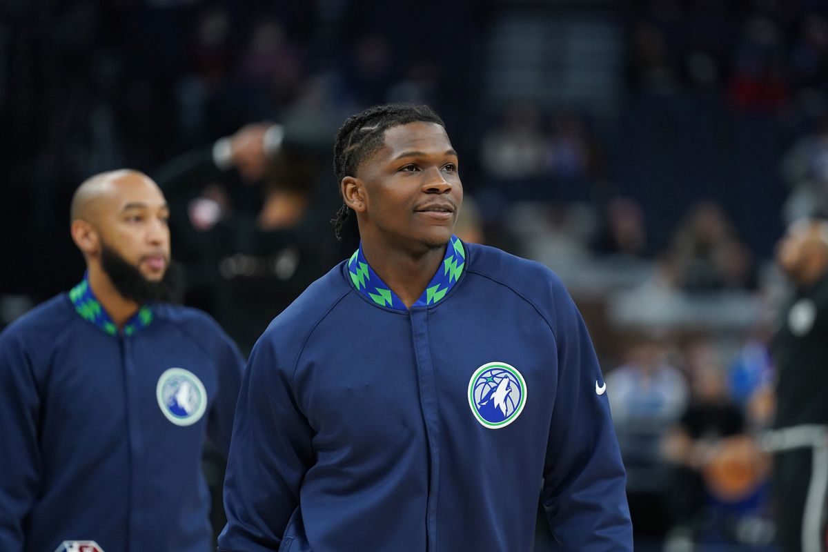 Anthony Edwards #1 of the Minnesota Timberwolves looks on prior to the game against the Brooklyn Nets on January 23, 2022 at Target Center in Minneapolis, Minnesota.&nbsp;