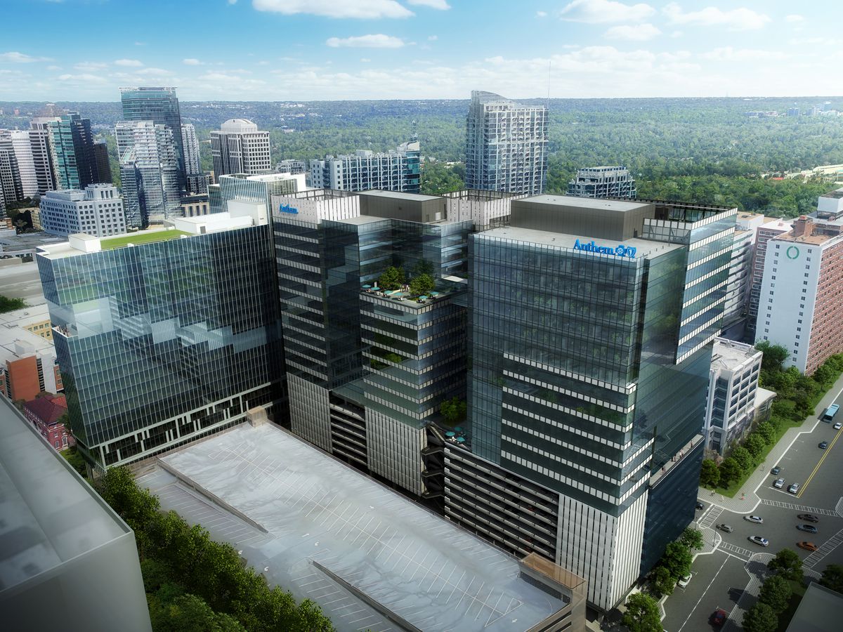 A rendering of the three glassy Portman tower projects on West Peachtree Street.