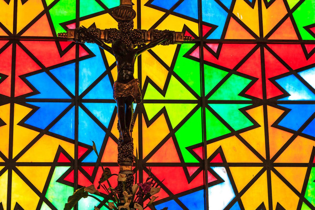 Stained glass in a Catholic church.