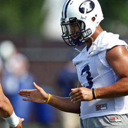 Linebacker Kyle Van Noy practices with the BYU football team at BYU in Provo on Monday, Aug.  6, 2012.