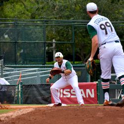 Daniel Federman throws a pick off to Ray Gil during Game 3 of Miami and Boston College’s series Saturday. The game would end in a cancellation.