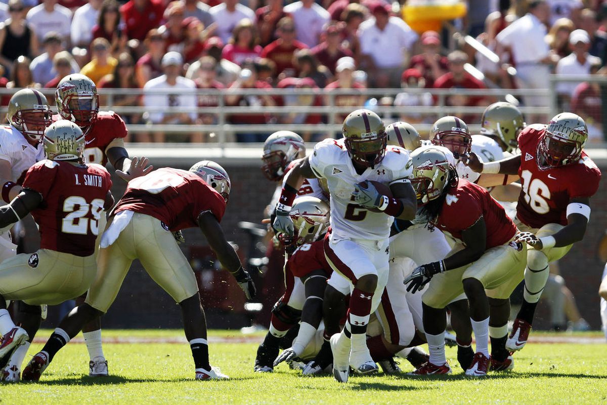 Oct 16, 2010; Tallahassee, FL, USA; Boston College Eagles running back Montel Harris (2) breaks through the line in the first quarter of the game against the Florida State Seminoles at Doak Campbell Stadium. Daniel Shirey-US PRESWIRE