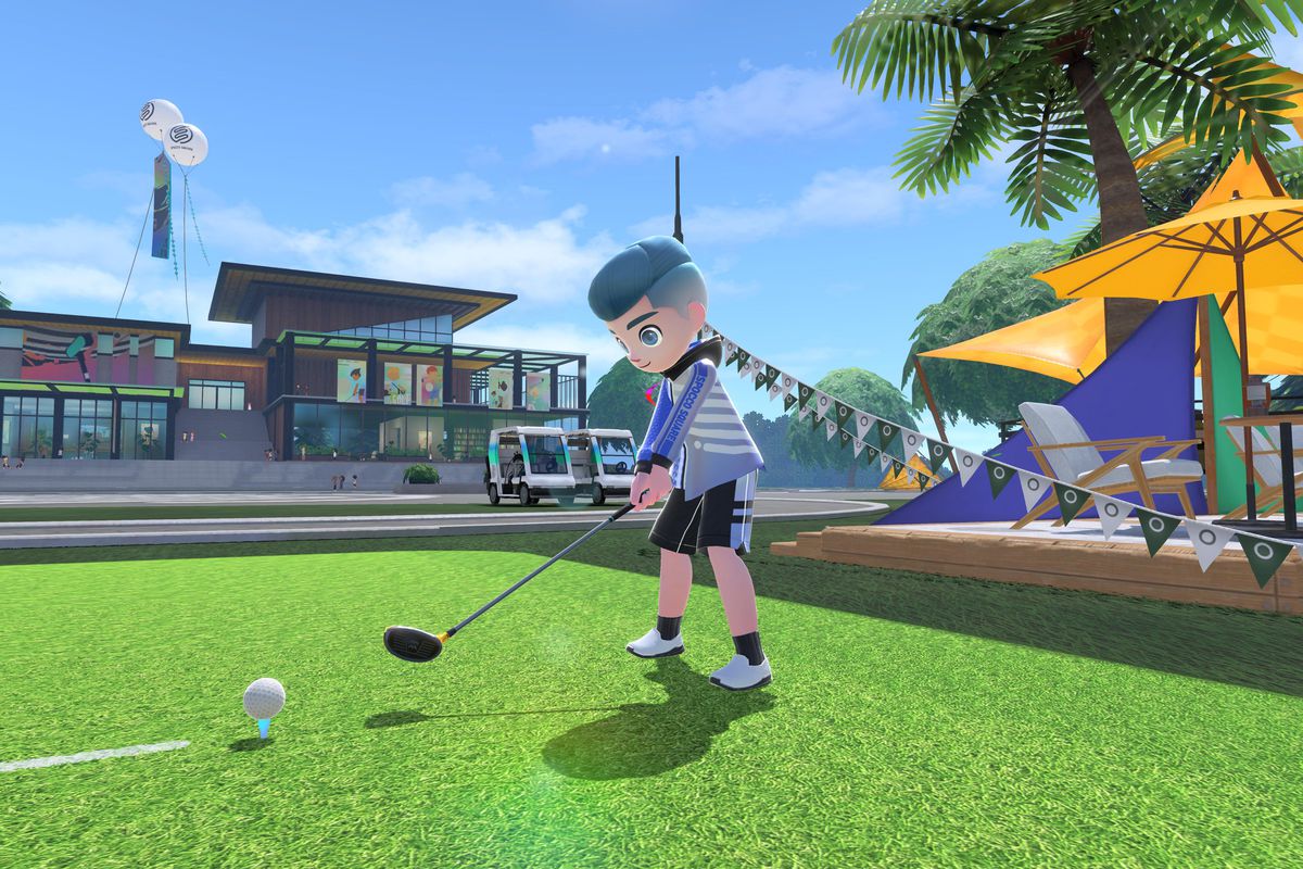 A Nintendo Switch Sports character tees up in a game of golf under a sunny blue sky