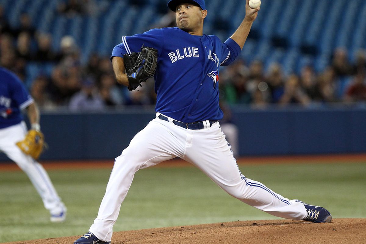 Apr 11, 2012; Toronto, ON, Canada; Toronto Blue Jays starting pitcher Ricky Romero (24) delivers a pitch against the Boston Red Sox at the Rogers Centre. Mandatory Credit: Tom Szczerbowski-US PRESSWIRE