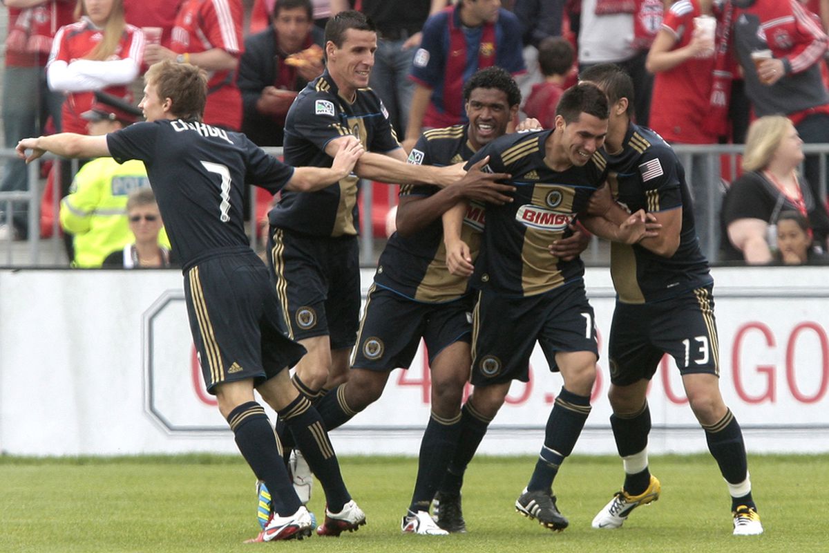 TORONTO, CANADA - MAY 28:  The Philadelphia Union celebrates a goal by Gabriel Farfan against Toronto FC during MLS action at BMO Field May 28, 2011 in Toronto, Ontario, Canada. (Photo by Abelimages/Getty Images)
