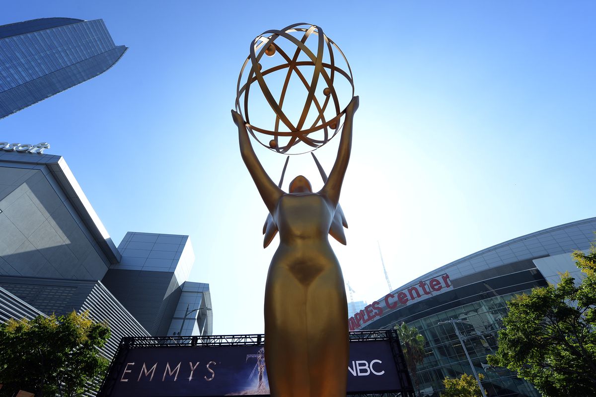 An Emmy statue is placed at the entrance of the gold carpet at the entrance of Microsoft Theater for the 70th Emmy Awards on September 13, 2018 in Los Angeles, California.