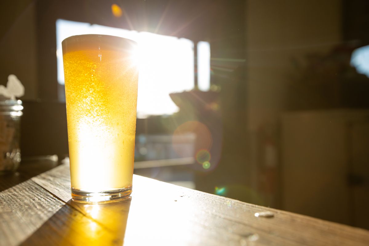 Sun breaks through a golden pint of beer on a counter.
