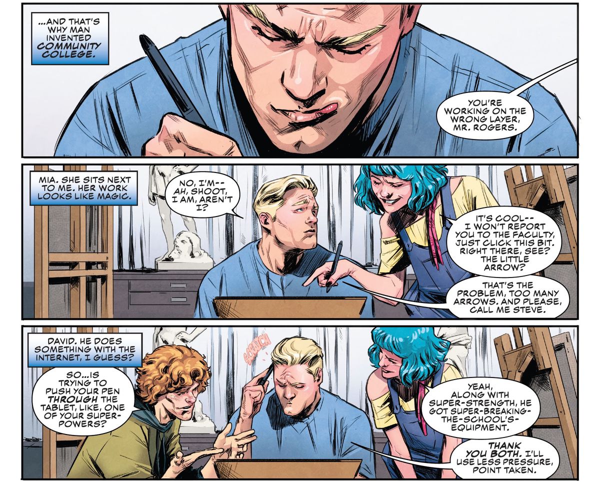 Steve Rogers/Captain America sits in a life drawing class, as the young students around him politely give him advice on how to use a drawing tablet, warning him not to push the pen through it with his super-strength in Captain America: Sentinel of Liberty #1 (2022).