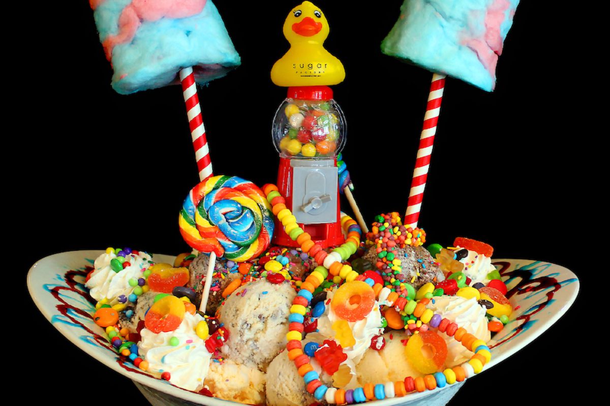 huge ice cream sundae piled with candy