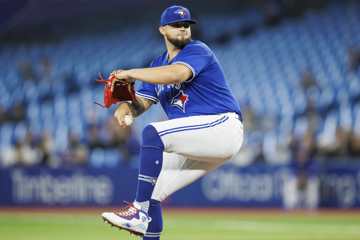 Alek Manoah #6 of the Toronto Blue Jays pitches in the first inning of their MLB game against the Boston Red Sox at Rogers Centre on April 28, 2022 in Toronto, Canada.