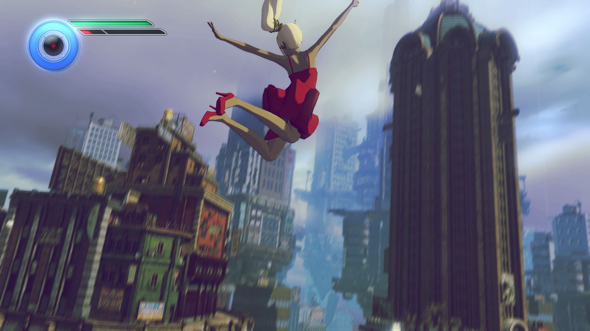 Screenshot from Gravity Rush 2 of Kat jumping in a dress