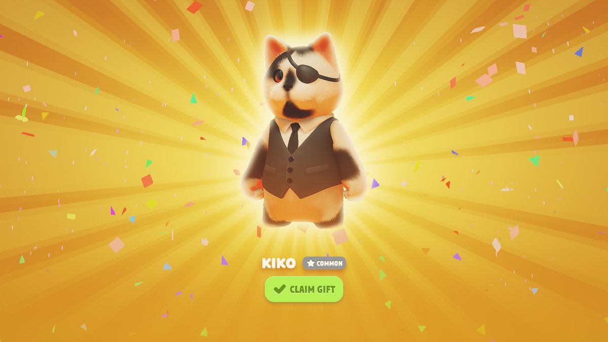 The Kiko skin in Party Animals — a black and white cat in a vest and an eyepatch based off of a real life cat.