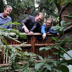 Tracy Aviary Executive Director Tim Brown, left, and the aviary's Jess Barber, right, talk with Salt Lake County Mayor Ben McAdams, center, as the aviary unveils its new “Treasures of the Rainforest” exhibit in Salt Lake City on Wednesday, March 30, 2016.