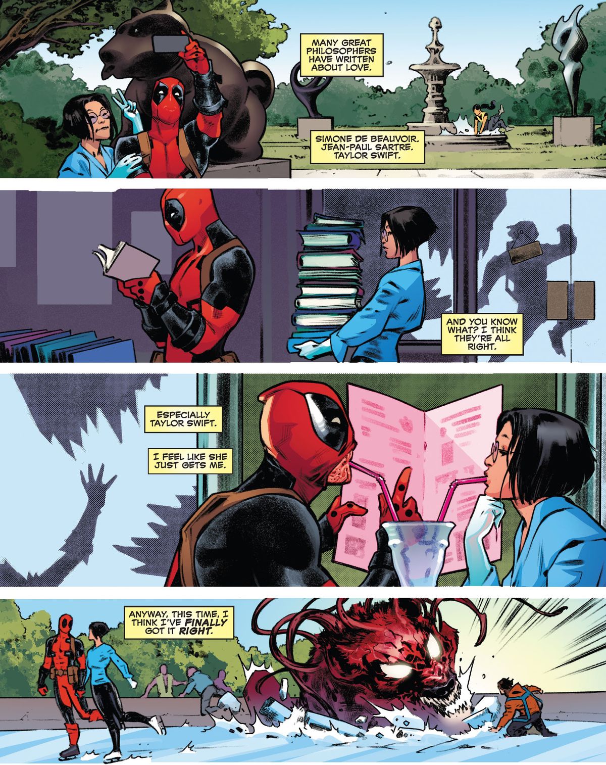Deadpool and his sweetie, Valentine Vuong, visit a sculpture park, a bookstore, a diner, and an ice skating rink as a big monster secretly hunts people behind them. Deadpool’s narration muses about how this time he’s finally gotten love right, in Deadpool #6 (2023).
