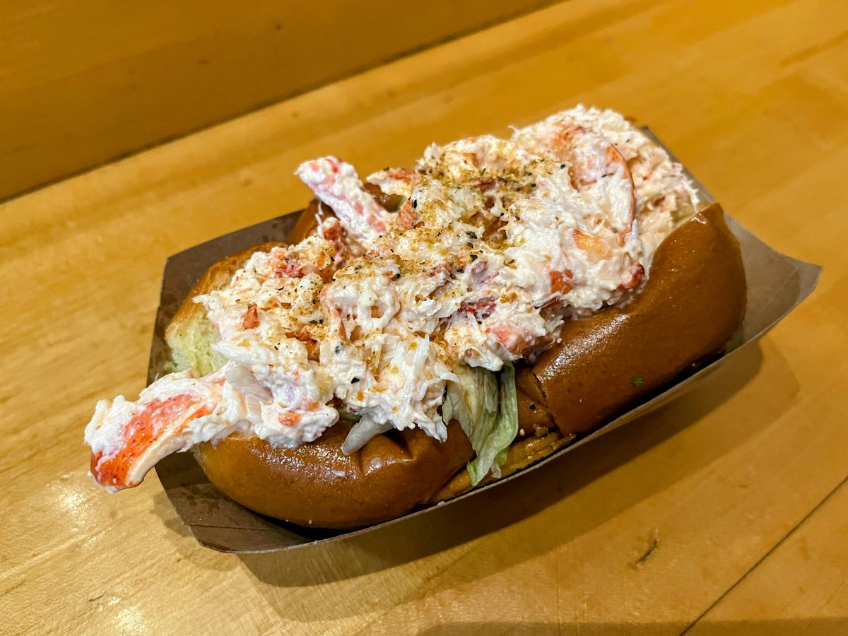 Lobster meat tossed in mayo and stuffed into a hot dog bun.