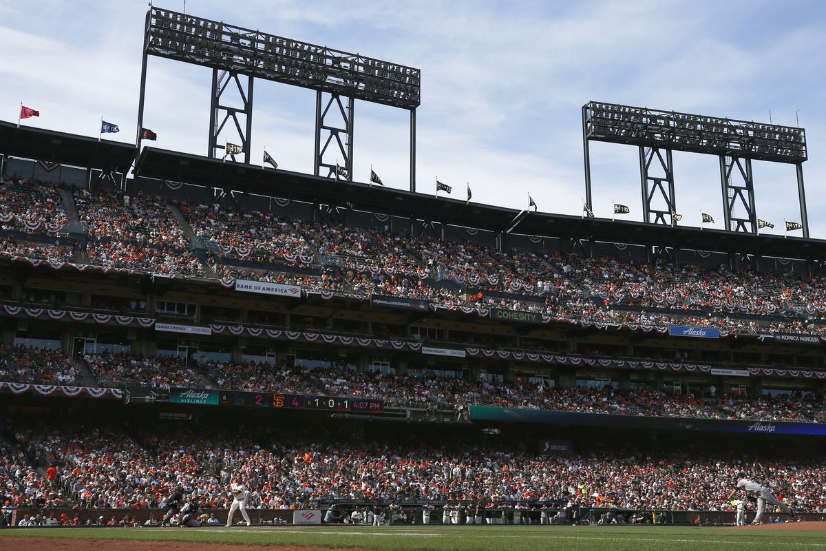 A photo of the stands along the first base line at Oracle Park during a daytime game. 