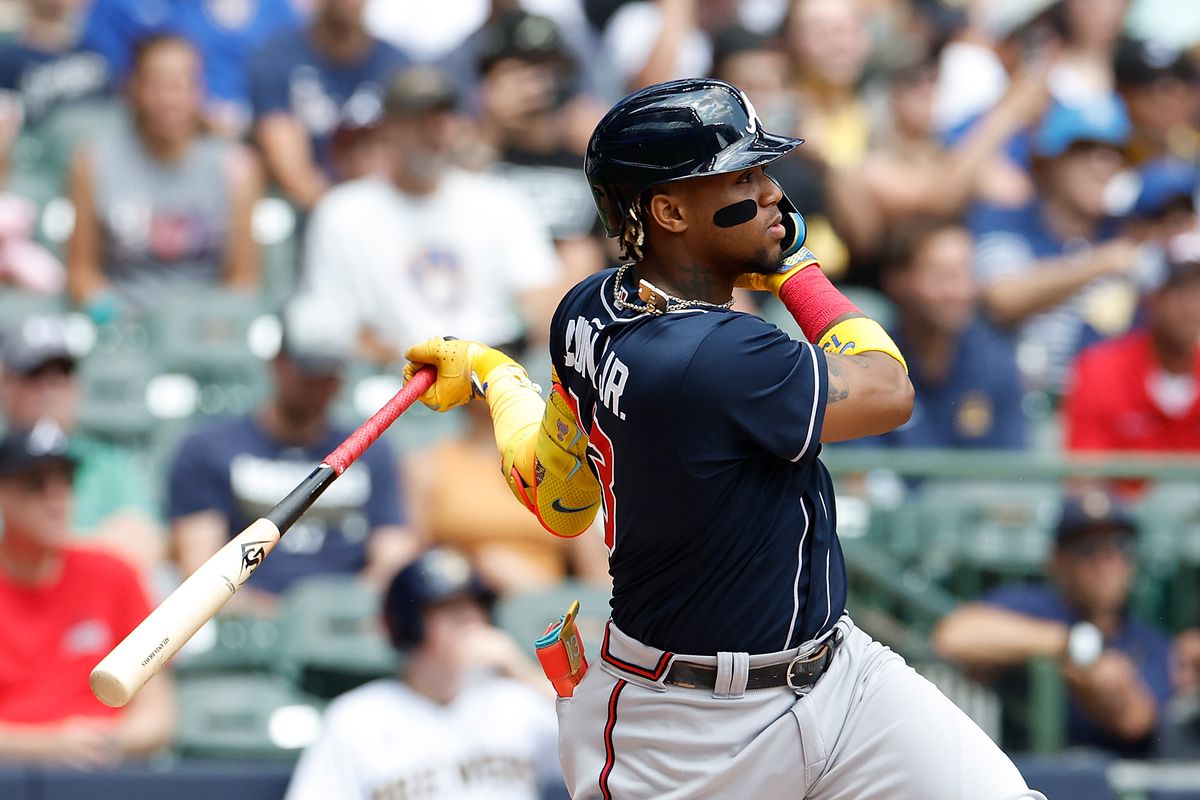 Ronald Acuna Jr. of the Atlanta Braves up to bat against the Milwaukee Brewers at American Family Field on July 23, 2023 in Milwaukee, Wisconsin.