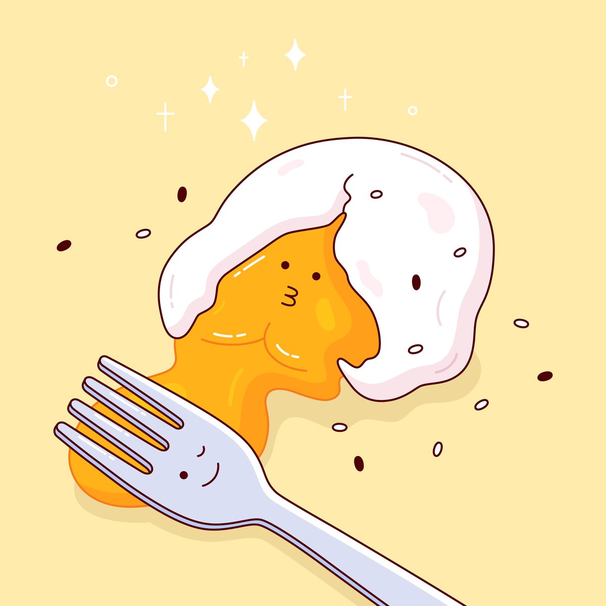 A smiling jammy egg broken open with a fork, its yolk spreading across the plate. Illustration.