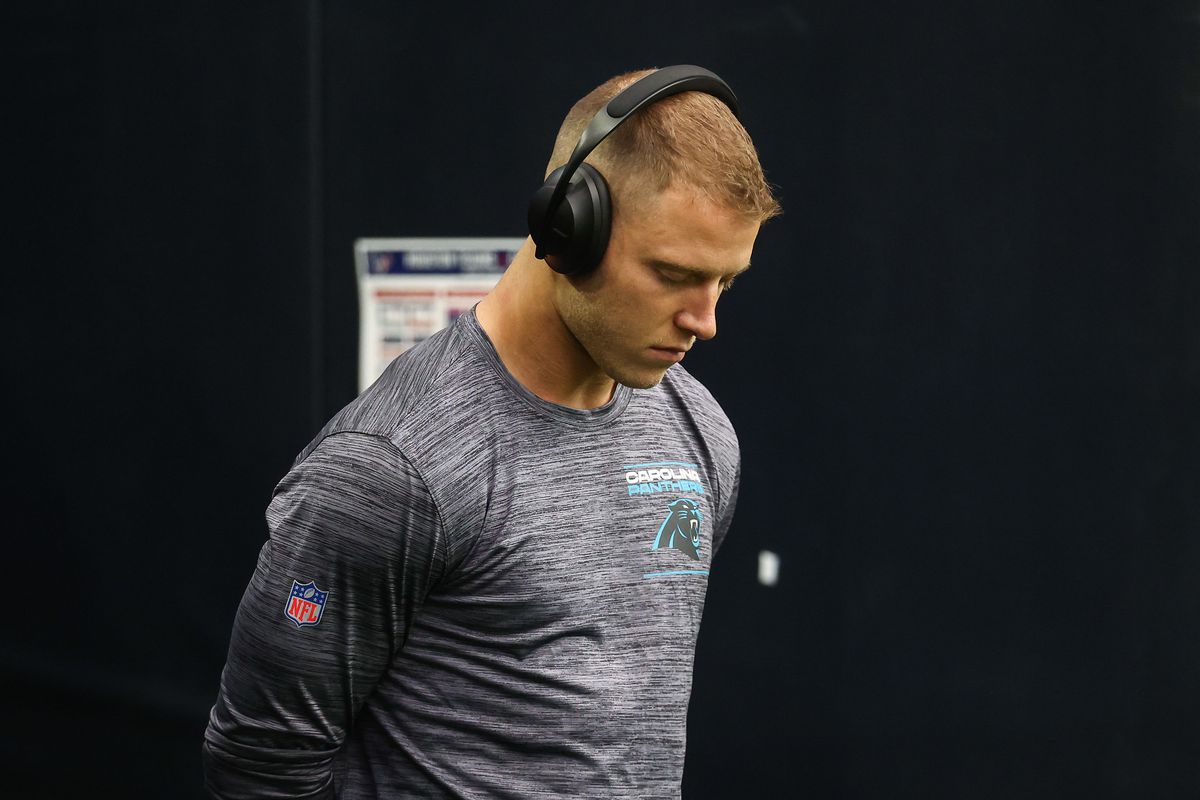 Carolina Panthers running back Christian McCaffrey (22) prepares to walk onto the field before the game against the Houston Texans at NRG Stadium.