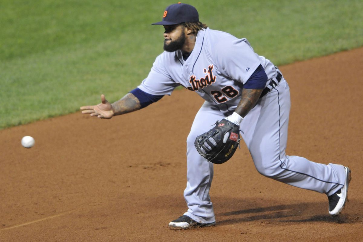 May 22, 2012; Cleveland, OH, USA; Detroit Tigers first baseman Prince Fielder (28) tosses the ball to first base in the seventh inning against the Cleveland Indians at Progressive Field. Mandatory Credit: David Richard-US PRESSWIRE