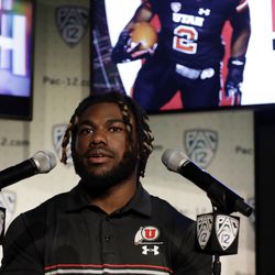 Utah running back Zack Moss answers questions during the Pac-12 Conference NCAA college football Media Day Wednesday, July 24, 2019, in Los Angeles.