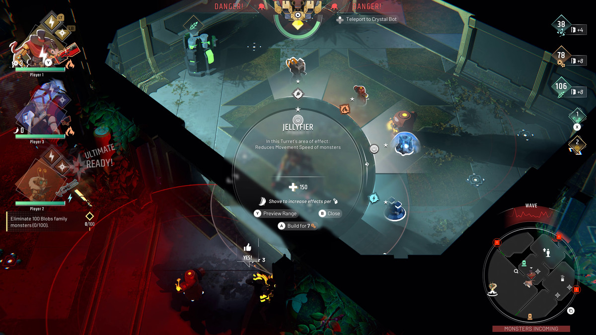 A player selects which turret to build on a module in Endless Dungeon, whether it be a Flamethrower or a Tesla Ball