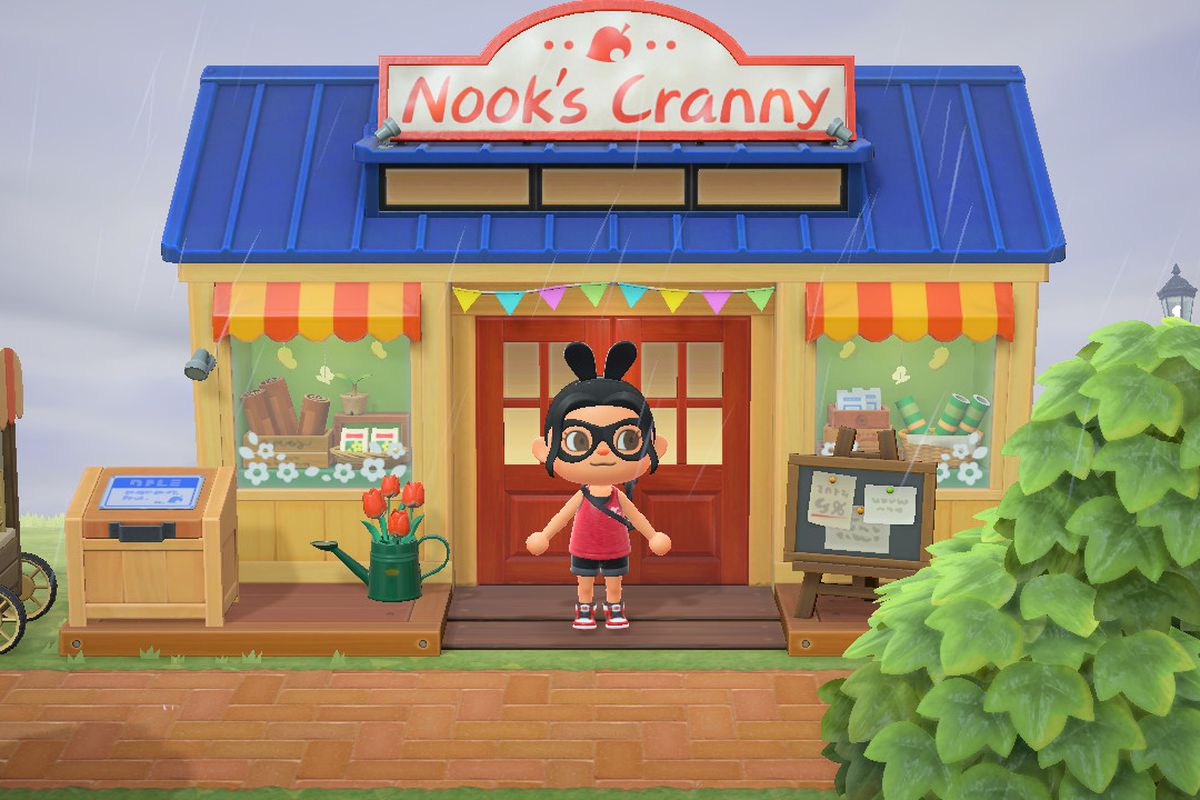 An Animal Crossing character stands in front of an upgraded store