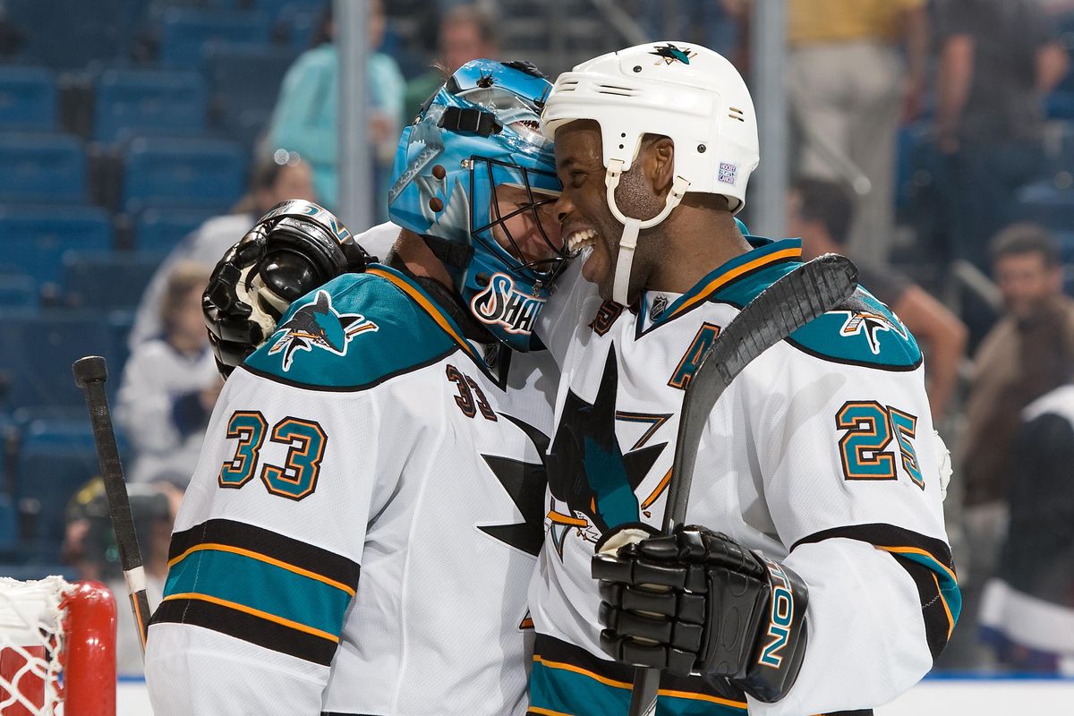 Mike Grier #25 of the San Jose Sharks celebrates with goaltender Brian Boucher #33 after beating Tampa Bay Lightning 3-0 at the St. Pete Times Forum on October 25, 2008 in Tampa, Florida.
