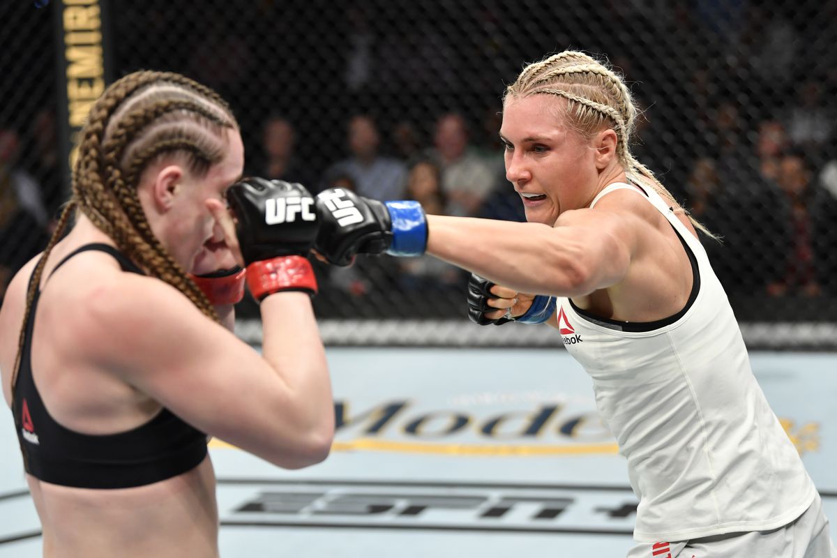 Yana Kunitskaya of Russia punches Aspen Ladd in their women’s bantamweight bout during the UFC Fight Night event at Capital One Arena on December 07, 2019 in Washington, DC.