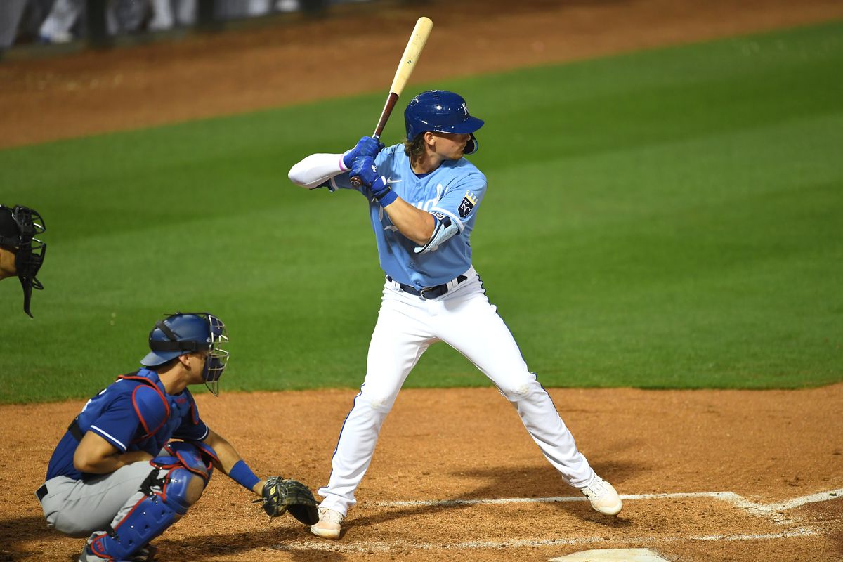 Bobby Witt Jr. #7 of the Kansas City Royals bats during the third inning of an MLB spring training game against the Los Angeles Dodgers at Surprise Stadium on March 26, 2022 in Surprise, Arizona.