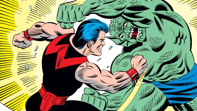 comic book cover of West Coast Avengers #25, the muscular Wonder Man and hideous Abomination are trading punches