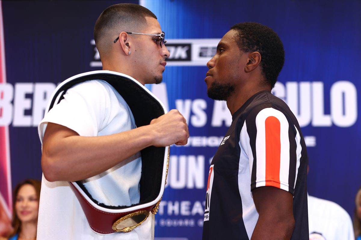 Edgar Berlanga (L) and Alexis Angulo (R) face-off during the press conference ahead of the NABO super middleweight Championship fight, at The Hulu Theater at Madison Square Garden on June 09, 2022 in New York City.