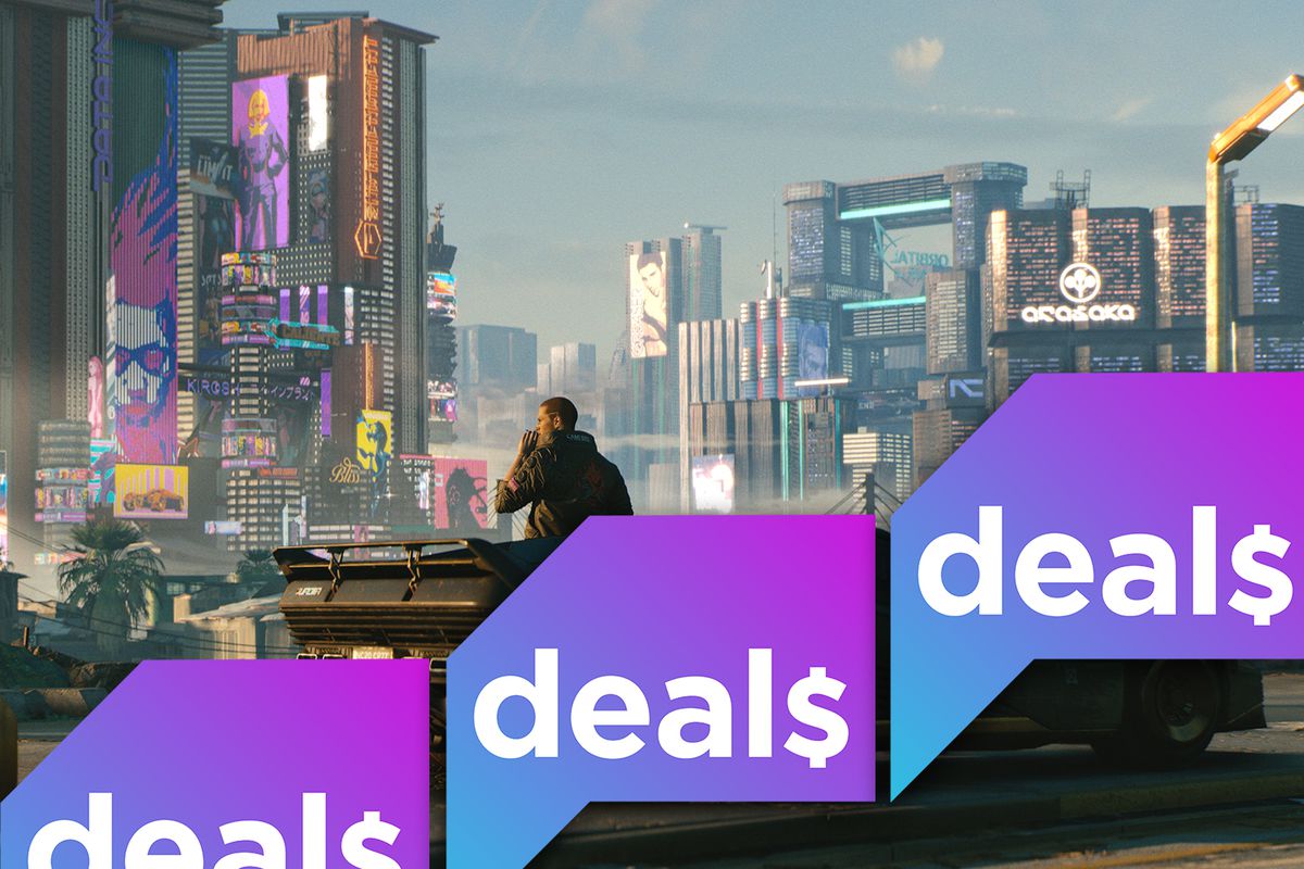 A screenshot of a man standing outside a cyberpunk landscape from Cyberpunk 2077 overlaid with the Polygon Deals logo