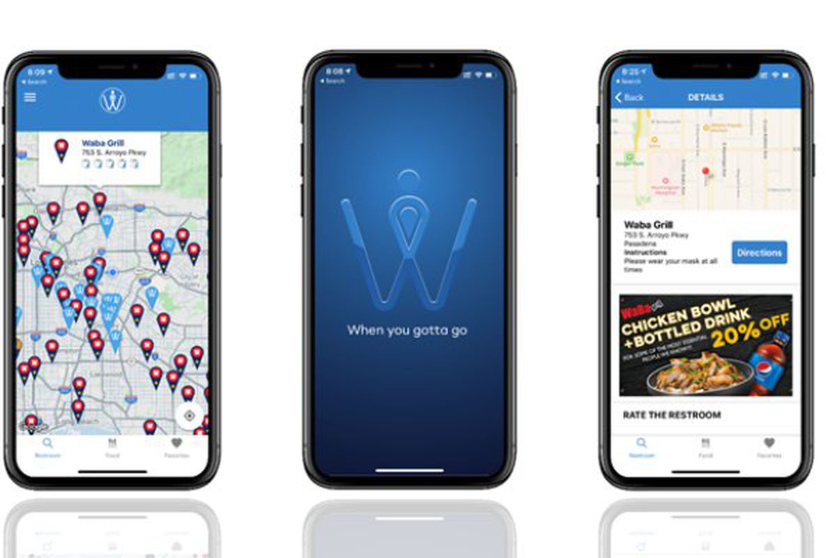 Three phones showing a map of restroom locations, the Whizz stylized W logo, and an offer for a discounted meal at Waba Grill.
