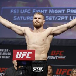 Jan Blachowicz plays to the crowd at UFC on FOX 26 weigh-ins at Bell MTS Place in Winnipeg, Manitoba.