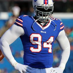 Aug 16, 2013; Orchard Park, NY, USA;  Buffalo Bills defensive end Mario Williams (94) before a game against the Minnesota Vikings at Ralph Wilson Stadium. 