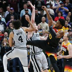 Utah Jazz guard Donovan Mitchell (45) takes the final shot but misses at Vivint Arena in Salt Lake City on Friday, Dec. 17, 2021. The Spurs won 128-126.