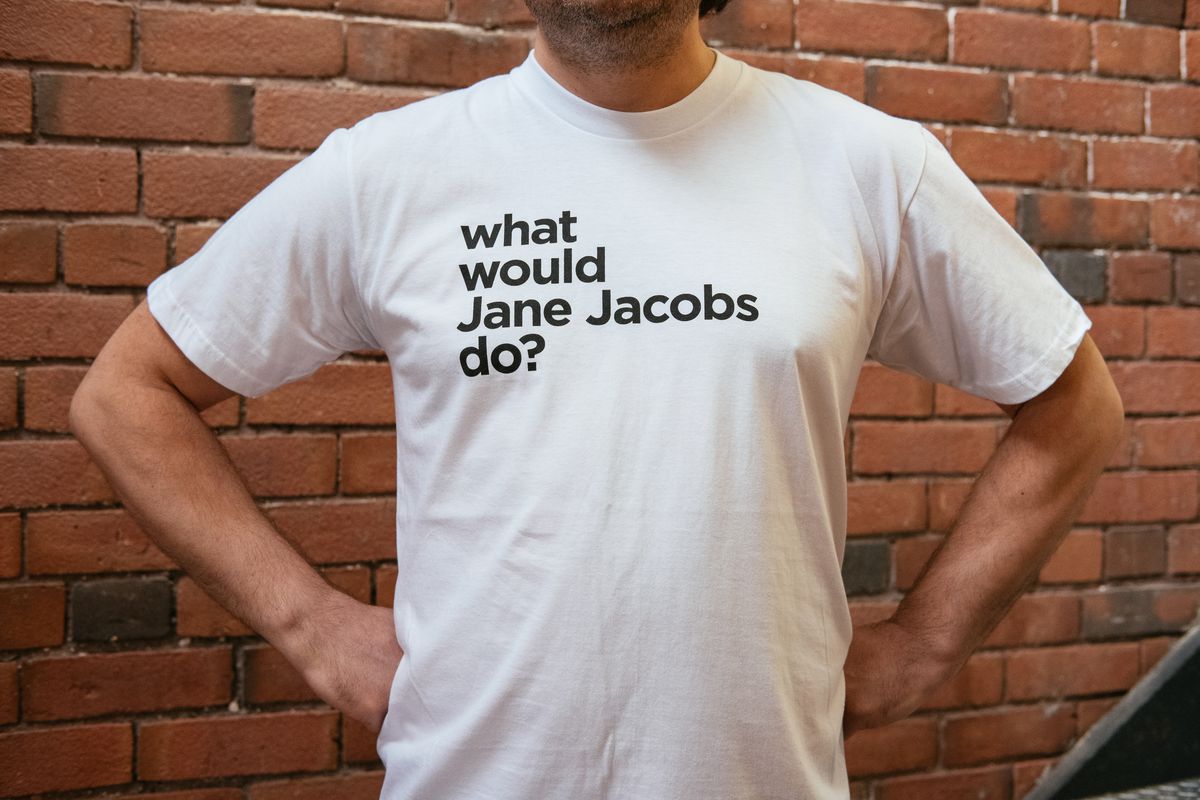This "What Would Jane Jacobs Do?" t-shirt is sold in Toronto.