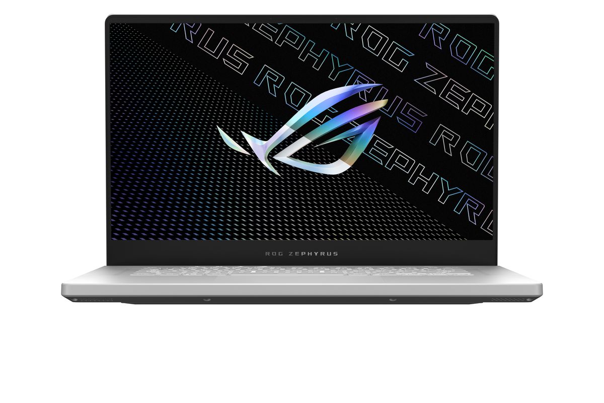 The Zephyrus G15 in Moonlight White faces the camera, open. The screen displays the ROG logo.